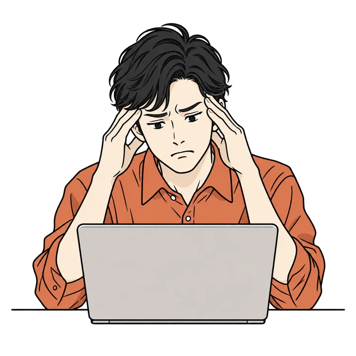 パソコンの前でサイトの更新について悩んでいる人物
