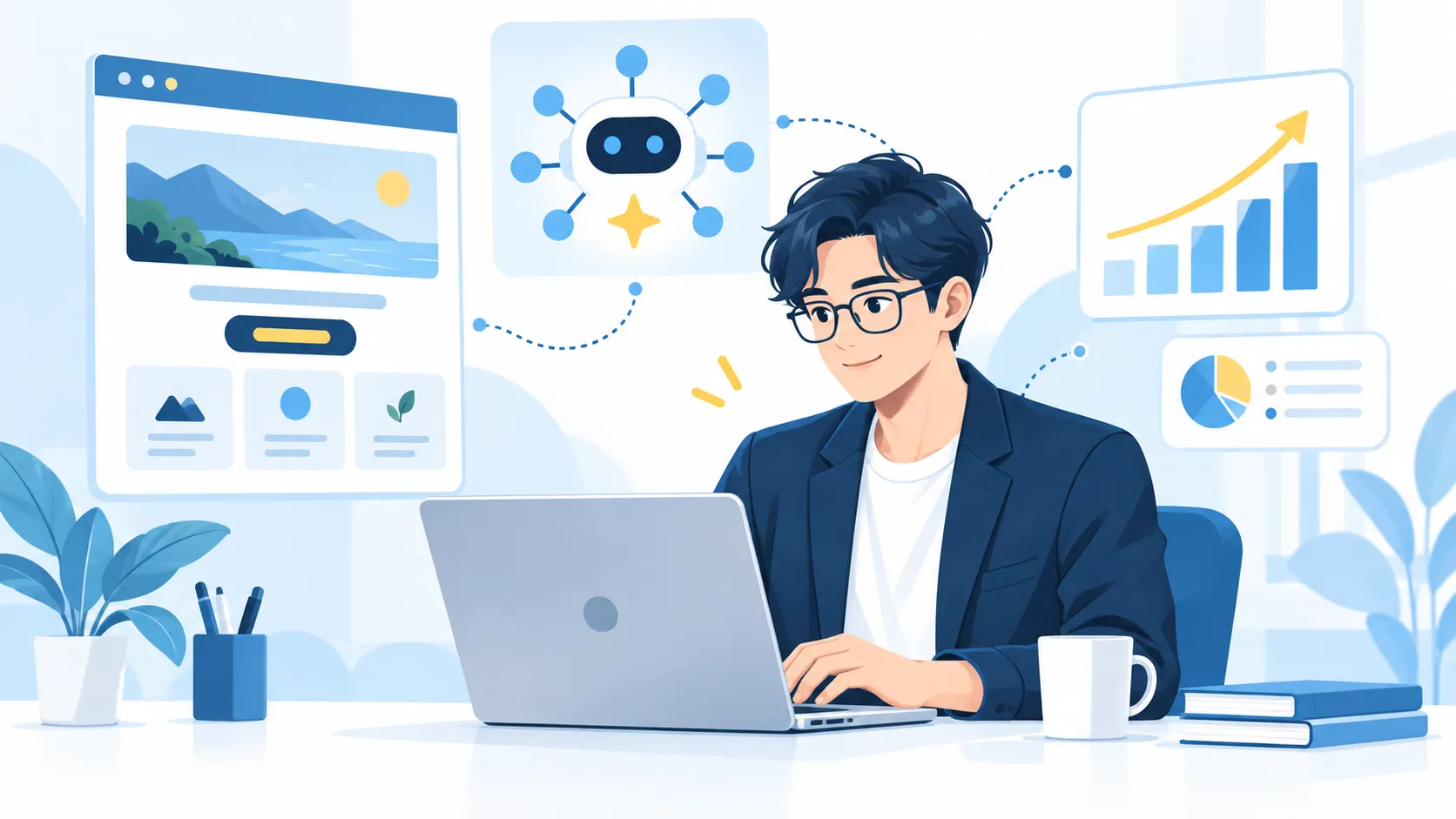 パソコンでAIとLP制作を進めるメガネの担当者のイラスト